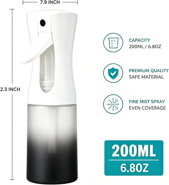 Continuous Fine Mist Spray Bottle, 200ml/6.8oz Gradient Refillable Leakproof Sprayer for Hair Curls Styling, Salon Barber, Skin Care, Pets, Plants & Household Cleaning (Black)