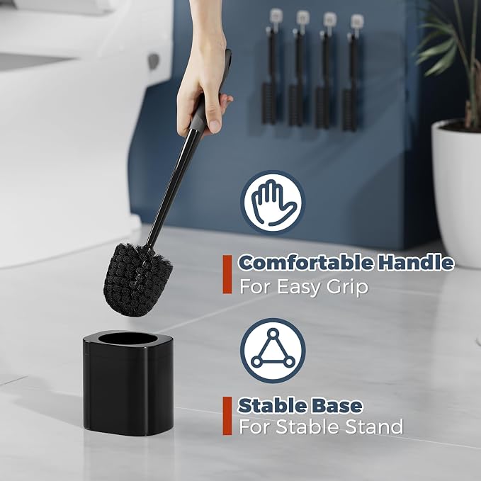 Holaloha Toilet Brush and Holder Set, Space Saving, 4 Pack, Black | Bathroom Accessories, Ergonomic Silicone Handle, Dense Bristles, Deep Cleaning, with 4 Crevice Brushes, Compact Design