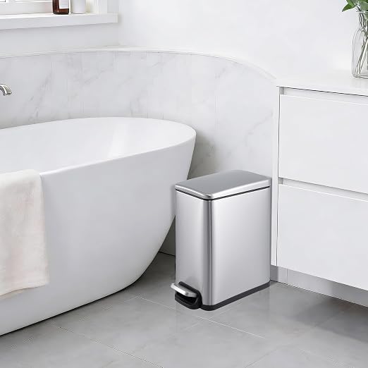 Slim Narrow Kitchen Trash Can with Lid, 10L Stainless Steel Step Pedal Garbage Can, Soft Close & Stay Open Lid Design, Space Saving Trash Bin with Removable Inner Bucket for Kitchen, Bathroom,Sliver