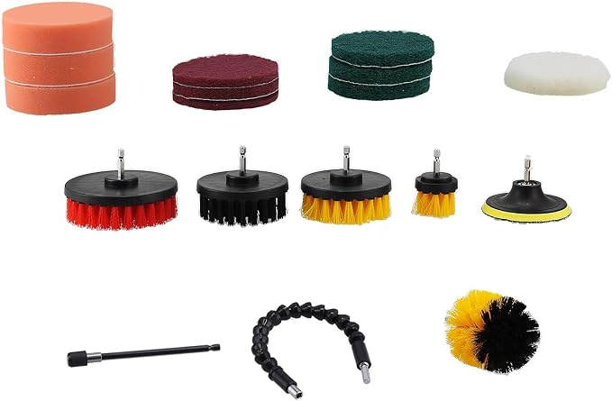 19PCS Drill Brush Kit, Power Scrubber Cleaning Set with Scouring Pads and Polishing Sponges for Electric Drill, Heavy-Duty Cleaning Tools for Car, Bathroom, Kitchen