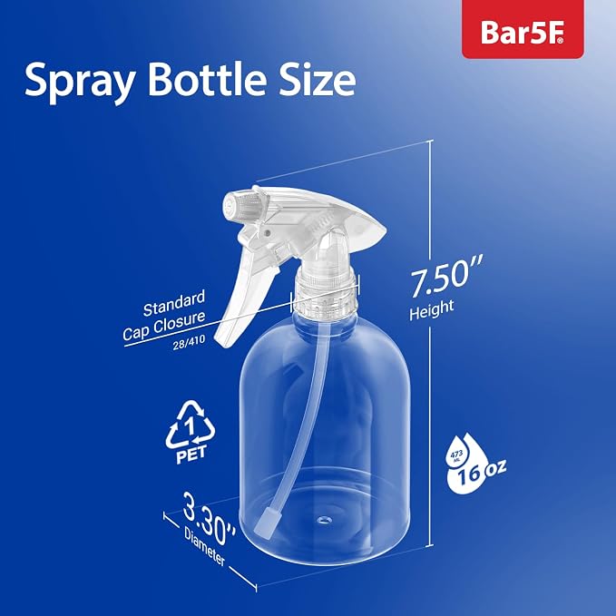Bar5F Plastic Spray Bottle, 16 oz | Leak Proof, Empty, Clear, Trigger Handle, Adjustable Fine to Stream Output, Refillable