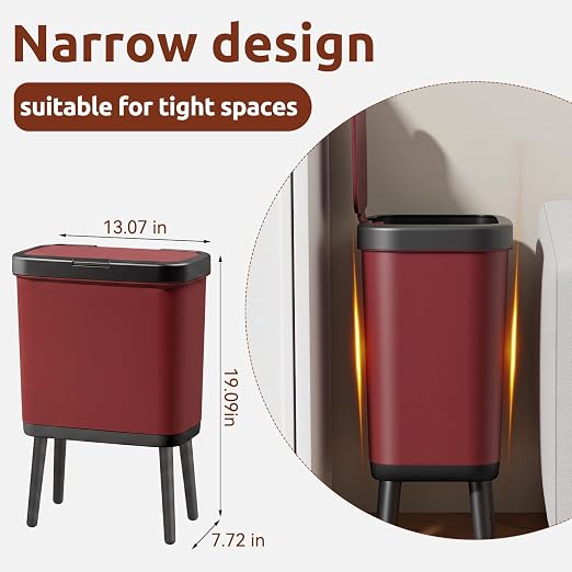 Slim Kitchen Trash Can with Legs, 4 Gallon Bathroom Wastebasket with Press Top Lid, Rectangle Red Garbage Can with Lid, Small Plastic Trash Can for Toilet, Bedroom, Living Room, Dorm