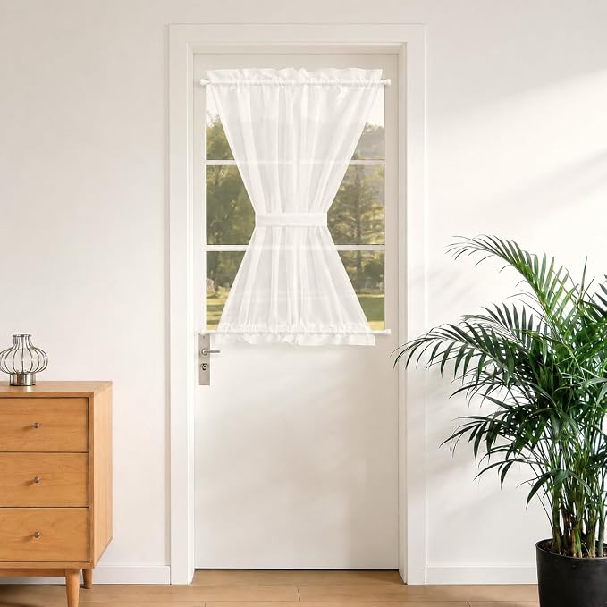 Aquazolax Glass Door Curtain Panel Elegant Soild Rod Pocket Sheer Voile Panels 54x40-Inch for French Doors Windows with Tieback - 1 Panel, White