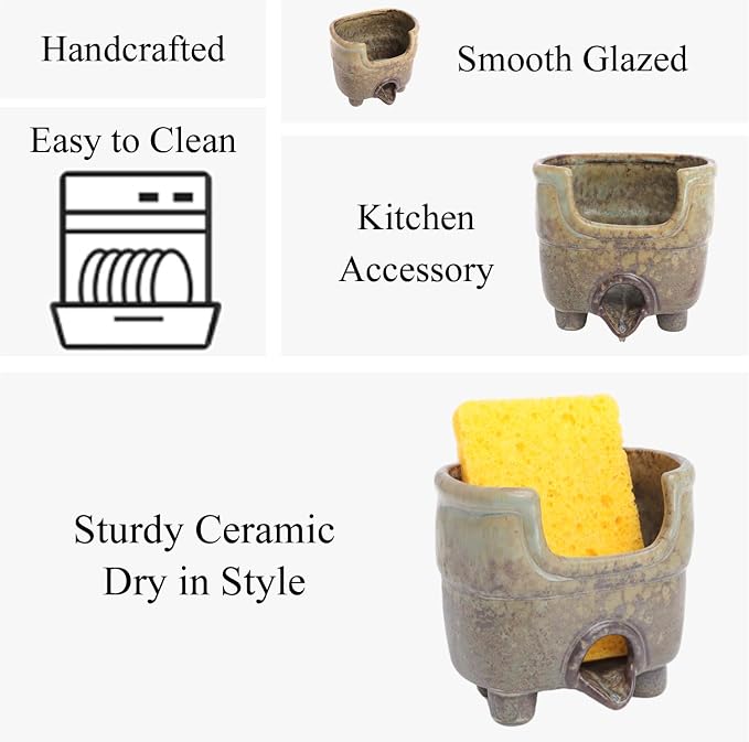Sponge Holder for Kitchen Sink, Ceramic Sink Caddy Organizer | Self draining sponge Dish for scouring pad, soap, brushes. Rustic farmhouse kitchen sink storage keeps counter dry. Avocado