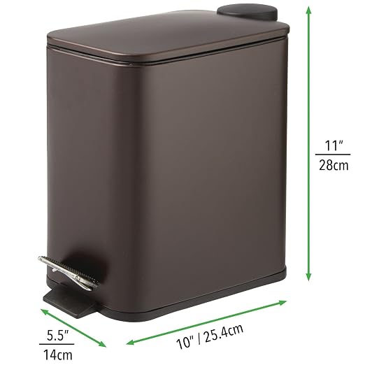 mDesign Rectangular Pedal Bin – 5 L Metal Waste Bin with Pedal, Lid and Plastic Bucket Insert – Household Rubbish Bin for Bathroom, Kitchen and Office – Bronze