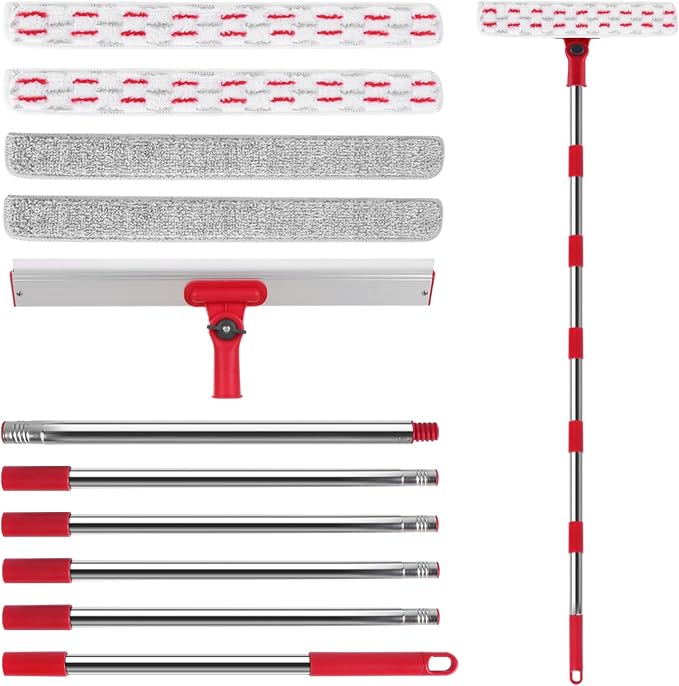 2‑in‑1 Professional Window Squeegee Kit, 86.6" 6‑Section Extension Pole Window Cleaner Tool with 4 Microfiber Cloths, for Indoor & Outdoor High Glass Window Washing