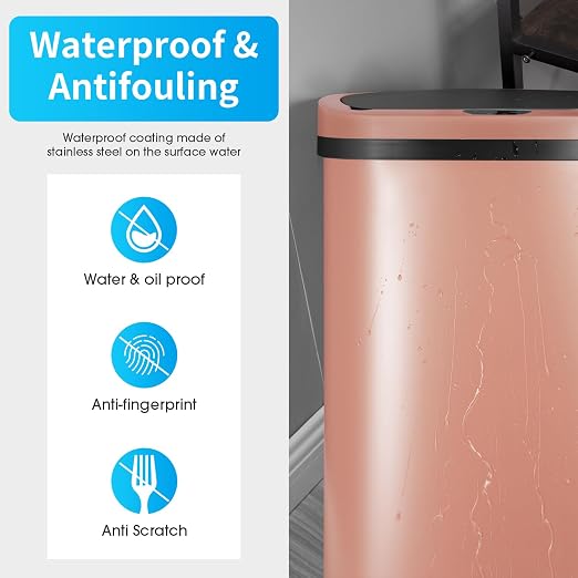 BestOffice Trash Can Broken-Resistant Plastic Touch Free High-Capacity Garbage Can with Lid for Bedroom Bathroom Home Office 49 Liter 13 Gallon Trash Can Automatic Kitchen Trash Can (Pink)