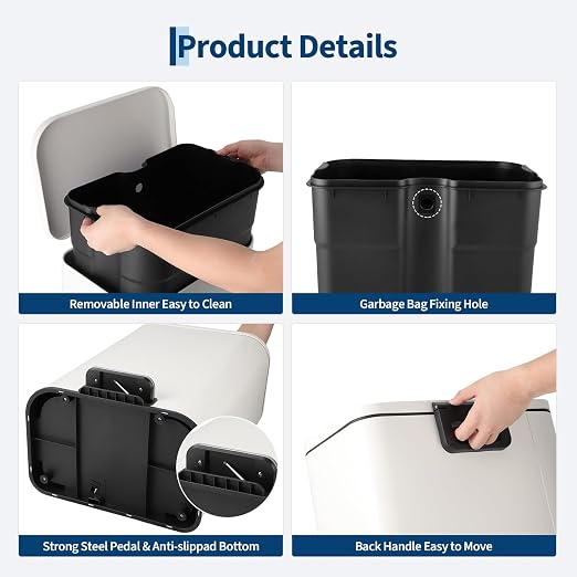 Takywep Stainless Steel Fingerprint Proof Soft Close Recycling Trash Can with Foot Pedal & Removable Inner Bucket, Rectangular Waste Bin for Kitchen Home Office Bathroom Restaurant