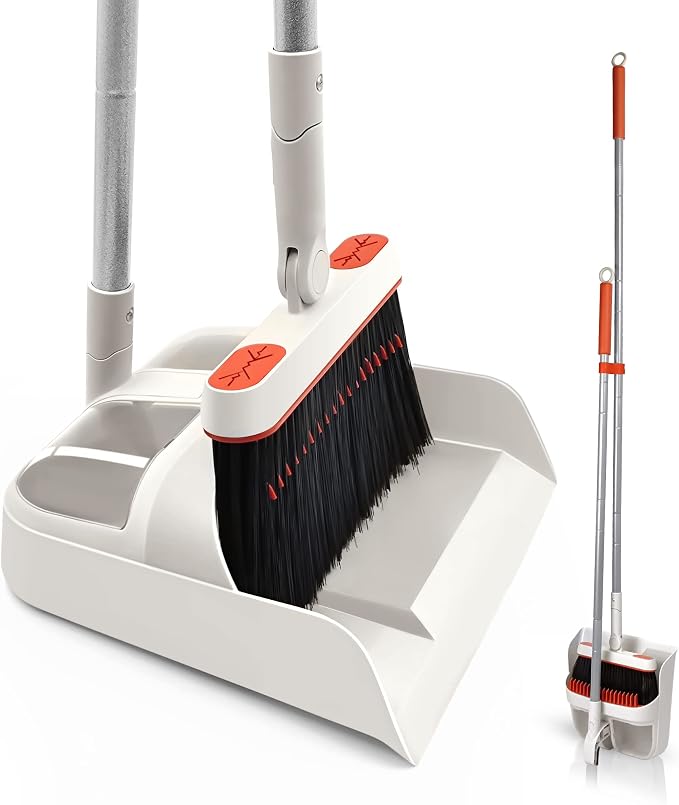 JEHONN Broom and Dustpan Set for Home, Long Handle Lightweight 180 Degree Rotating Broom Set Indoor, Upright Standing Dust Pan with Comb Teeth, Store Sweep Set for Room Kitchen Office (Grey & Red)