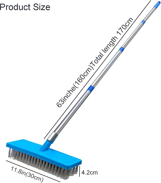 65" Long Handle Pool Brush - Heavy Duty Stainless Steel Wire Bristle Scrubber for Concrete Floor, Patio, Swimming Pool - 45° Angled Head, Long Handle Deck Broom