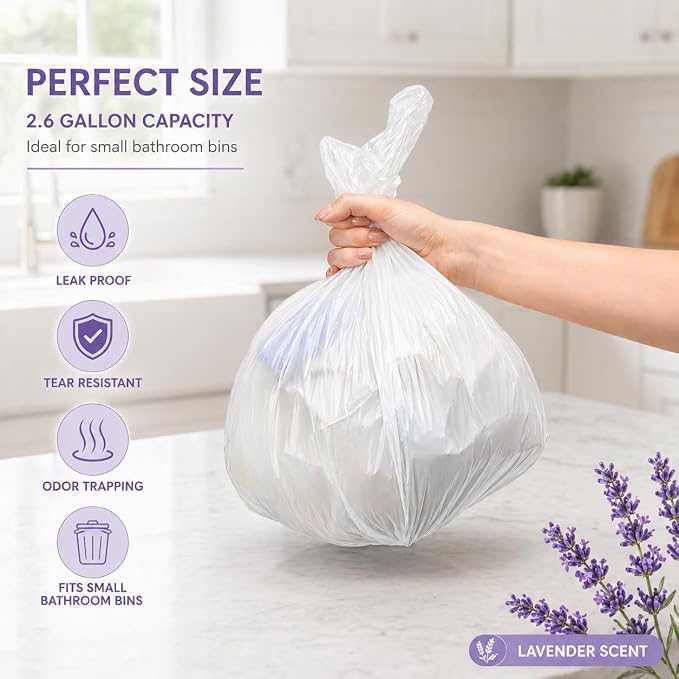 2.6 Gallon Lavender Scented Trash Bags (200 Count) White 2 Gallon Trash Bags Small Bathroom Wastebasket Bags Can Liners for Home Office Bins, 200 Bags