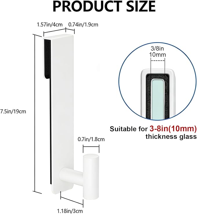 PMMASTO White 7.5 Inch Shower Door Towel Hook, Fits 3/8-Inch Glass | Heavy-duty Stainless Steel, Extended T-shaped Design, for Towels Bathrobes on Frameless Glass Shower Doors