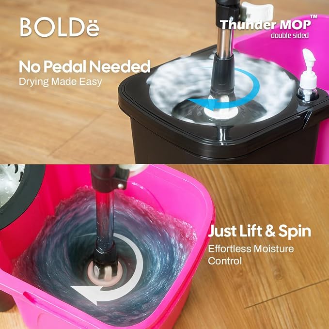 Thunder Mop Spin System - Double-Sided -3 Free Refills (Lime/Forest) | 2 Compact Stackable 6L Buckets, Microfiber Head, Stainless Steel Wringer, Antifungal Quick-Dry Cleaning, Soap Dispenser