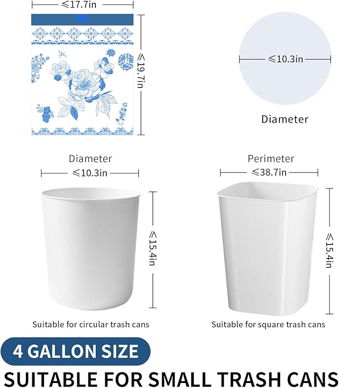 VOK 4 Gallon Trash Bags Drawstring, 4 Gallon Garbage Bags, Small Trash Bags for Office, Kitchen, Bedroom Trash Cans, Colorful and Sturdy Small Garbage Bags with Beautiful Flower Printed, 78 Counts