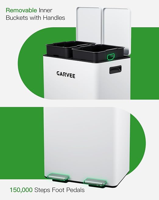 Garvee 16 Gal Dual Compartment Stainless Steel Trash Can with Inner Buckets | White Step Pedal Trash Can, Heavy Duty Recycling Bin with Lid & Step Pedal, for Kitchen, Office, Home, Commercial Use