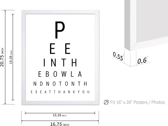 Poster Master 2-Piece Bathroom Sign Print - Eye Chart & Rules Poster - Humorous Guest Bath Decor - Minimal Typography Design - Powder Room Decor - Funny Restroom Sign - 16x20 White Framed
