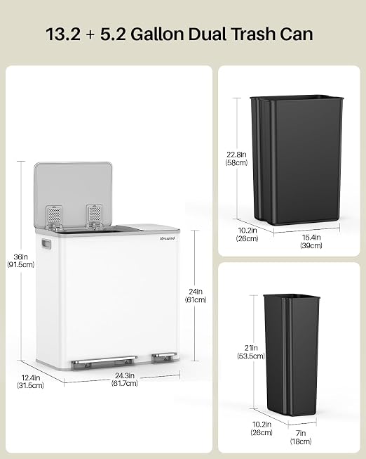 Dual Trash and Recycling Bins for Kitchen, 13.2 + 5.2 Gal (50+20L) Stainless Steel Trash and Recycle Bin Combo with Soft-Close Lid, Large Garbage Cans for Kitchen Home with 2 Magnets Sticker, White