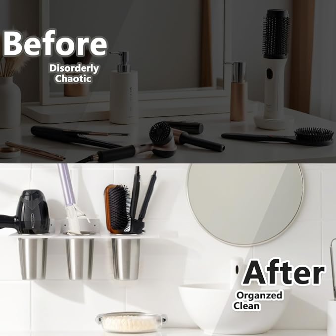 Hair Tool Organizer Wall Mount, Hair Hot tools Holder with 3 Cups | Acrylic Rack with Stainless Steel 3 Cups for Blow Dryer Holder, Hair Styling Holder Flat Iron Holder Curling Iron Organizer