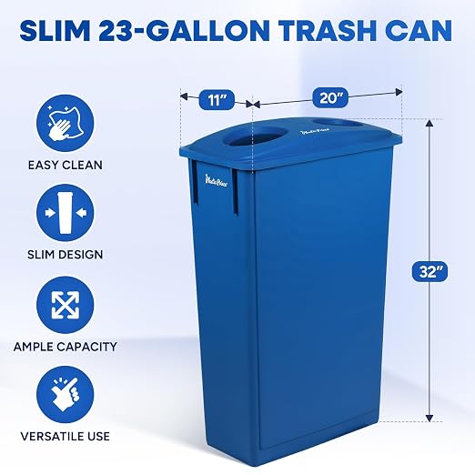 PLASTIC PRINCE 23 Gallon Slim Trash Can with Recycling Lid for Bottles and Cans, Blue Commercial Rectangular Garbage Can, Waste Bin for Home Kitchen Office Cabinet 3 Pack