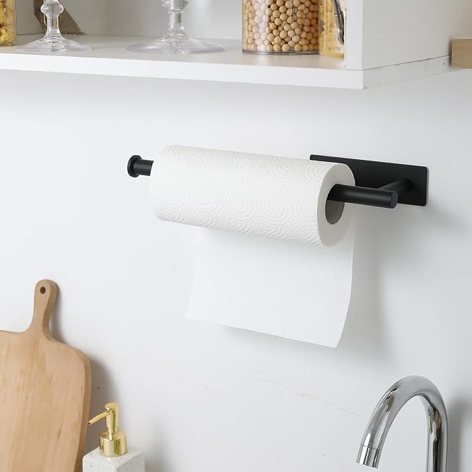 theaoo Under Cabinet Paper Towel Holder for Kitchen, Adhesive, Black | Wall Mounted Paper Towel Roll Rack for Bathroom or Kitchen, SUS304 Stainless Steel, Self-Adhesive or Screw Installation