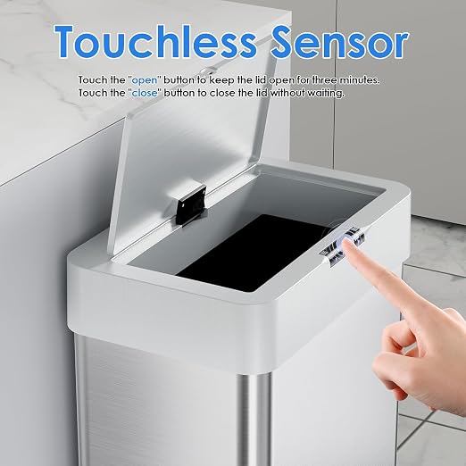 Sensor Trash Can, Touchless Motion Sensor Trash Bin | Smart Automatic Garbage Can with Soft-Close Lid, Bag Retainer Ring and Display Light, for Kitchen, Office (Silver, 13.2 Gal)