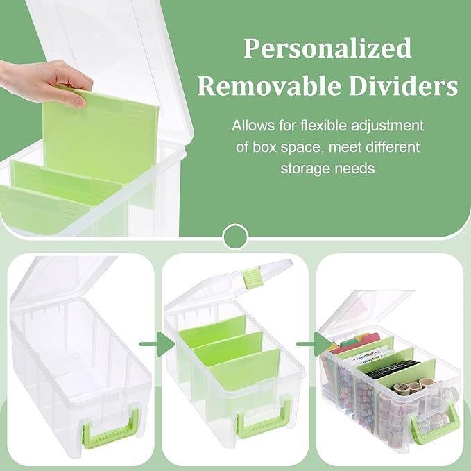BTSKY Clear Plastic Dividing Storage Box with 4 Deep Compartment Sewing Box | 13.9x7.9x6.2 Inches Adjustable Storage Bin with Lid Portable Craft Container Multipurpose Art Supply Organizer Green