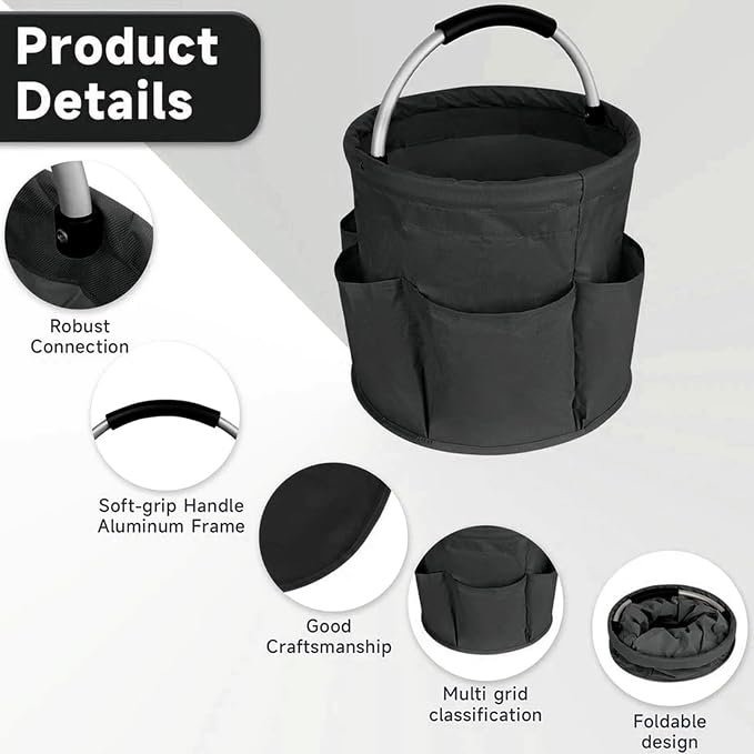 17L Collapsible Storage Bucket with Handle, Multi-Pocket Foldable Portable Picnic Caddy Outdoor Camping Organizer Tote for Housekeeping Car Wash Gardening Hiking Fishing, Black