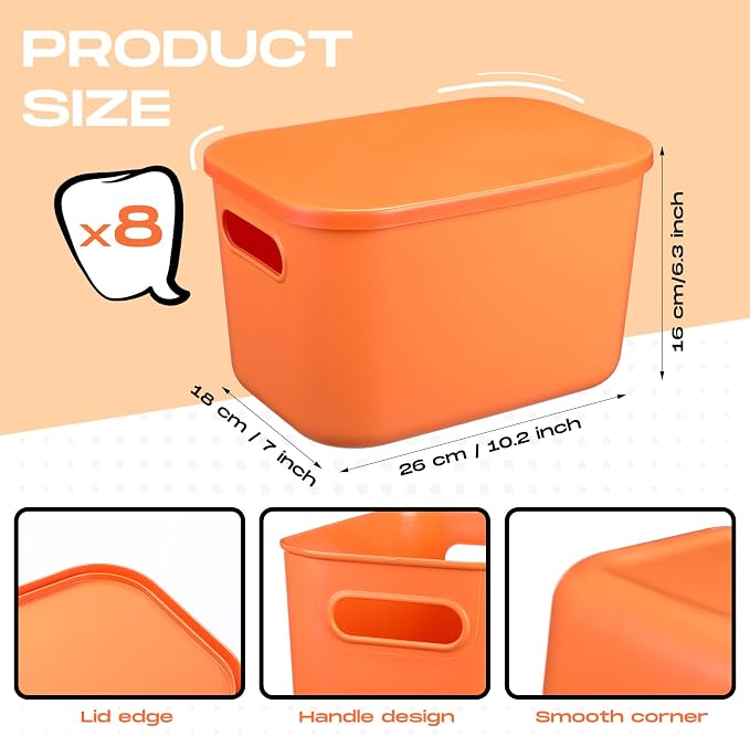 Hoolerry 8 Pack Storage Bins, 10.2 X 7 X 6.3 Inch Orange | Plastic Stackable Containers with Lid Handle, For Shelves Desktop Playroom Office, Organizing Toys Books Supplies Storage
