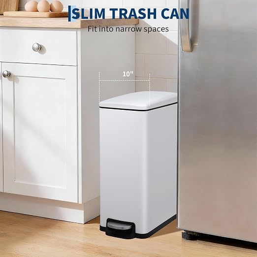Jojoka Slim Narrow 12 Gallon/45L Stainless Steel Trash Can with Lid, Step Pedal Garbage Can, Soft Close Stay Open Lid, Space Saving Bin with Removable Inner Bucket for Kitchen, Bathroom,White