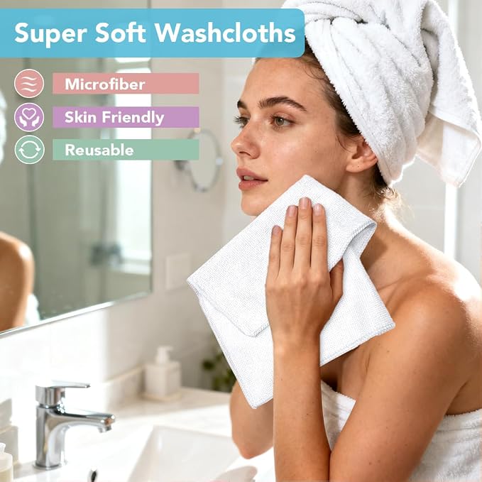 Orighty Wash Cloths, Face Towels 12x12 Inch 10 Pack | Soft Quick-drying White Washcloths, Multi-Purpose Microfiber Face Cloths for Bathroom, Gym, Spa, Hotel, Travel