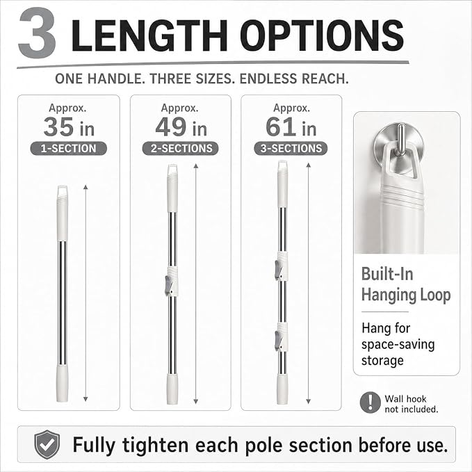 RinseWise Spin Mop Replacement Handle Only, 3-Section Stainless Steel Pole with 35/49/61 in Length Options, Fits All Tsmine FunClean Models, Not Universal, No Mop Head, Base or Bucket - White