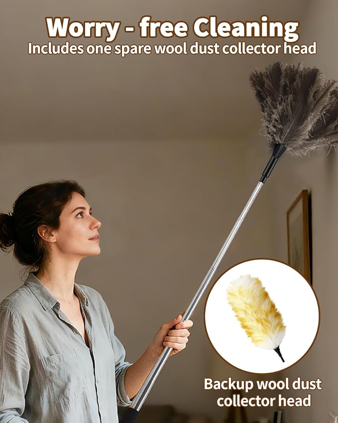 Extendable Ostrich Feather Duster with Bonus Wool Feather Duster Head - Natural Fluffy Non-Slip Handle Feathers Dusters for Cleaning Ceiling Fans, Blinds, Roof Dusting, High Surfaces (18-48 in)