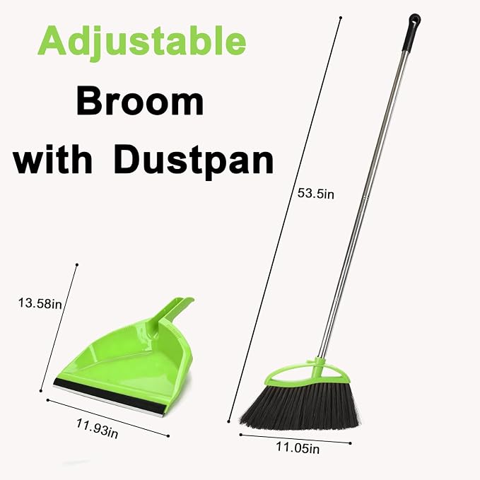 Soft Bristle Broom and Dustpan Combo Set, Long Handle Indoor Broom (Green) | No-bend Long Handle & Angled Head Sweep Dust Effortlessly. Rubber Strip Locks Fine Particles. For hardwood, tile