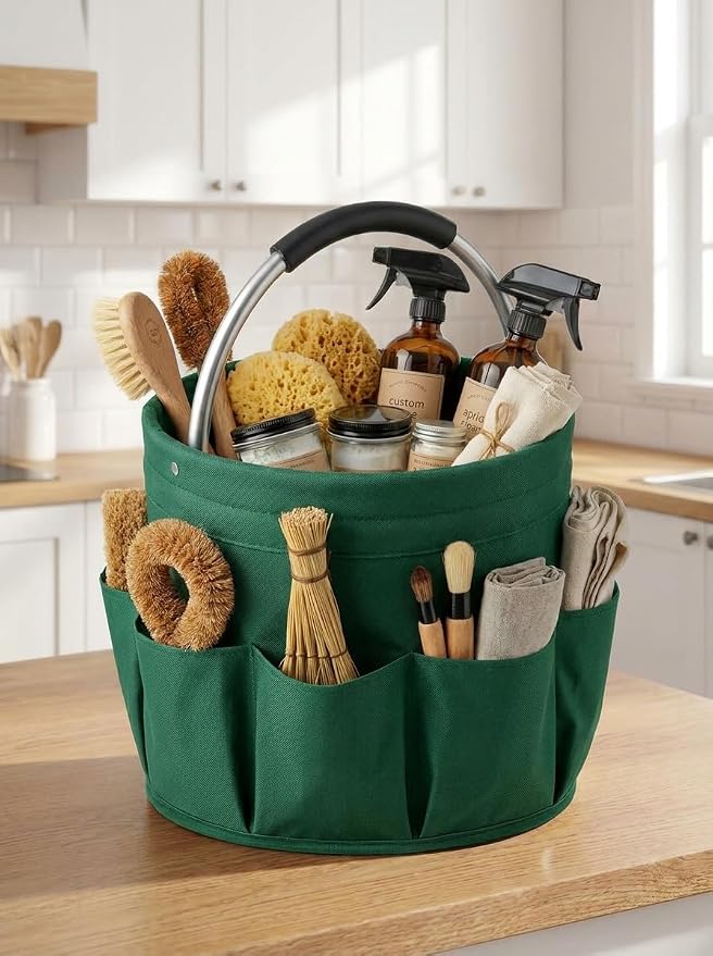 Cleaning Caddy, 17L Foldable Basket with Handle, 6 Pockets - Supply Organizer (Green)