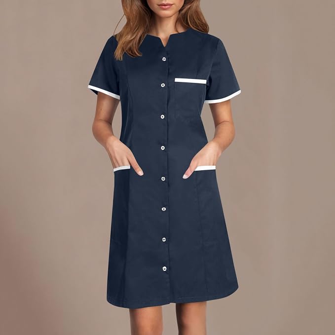 Scrubs Dress for Women - Button Front Nursing Workwear - Casual Housekeeping Dresses with Pockets