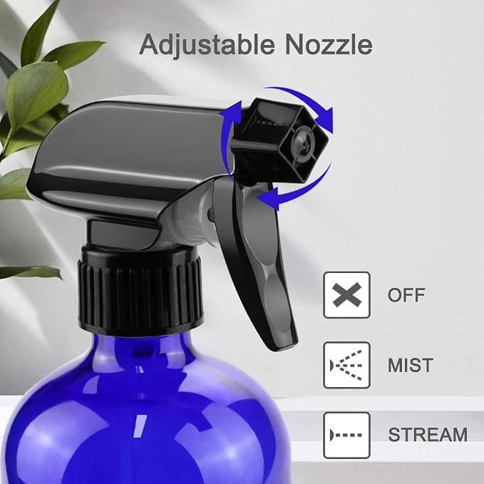 Glass Spray Bottles for Cleaning - 16 oz Refillable Spray Bottles for Hair | Blue Glass, Adjustable Nozzle, Refillable Container, Leak-proof, Spray Bottles for Hair, Cleaning Solutions, Plants, 1 Pack