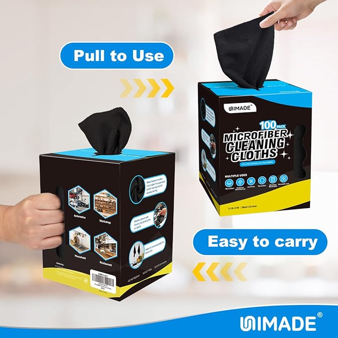 Microfiber Cleaning Cloth, 100 Sheets Microfiber Towels for Cars | Commercial Grade Washcloths Lint-Free Bulk Shop Towel Cleaning Rags for Mechanic Garage Housekeeping, 11"x 9", Black