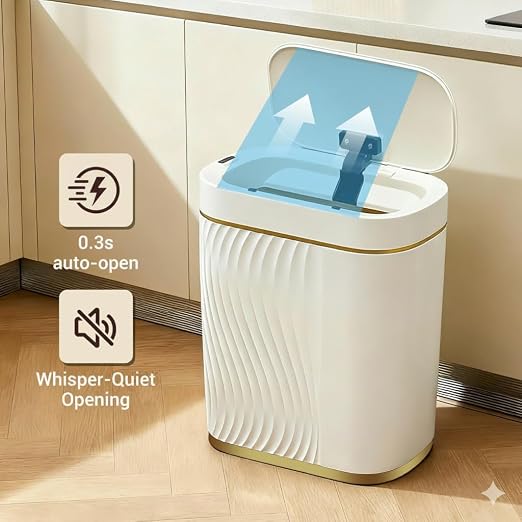 FreSup Motion Sensor Bathroom Trash Can with Lid, Automatic Small Trash Bin | IPX5 Waterproof, Aesthetic, Whisper Quiet, Slim Garbage Can for Bedroom, Restroom, Office, Smart White and Gold WasteBasket