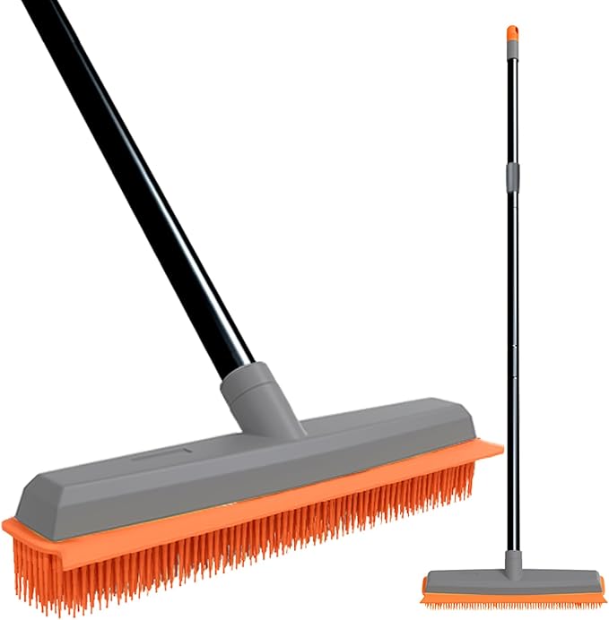 TreeLen Rubber Broom Carpet Rake Pet Hair Remover Broom with Squeegee Extension Push Broom for Carpet Hardwood Floor Tile Windows Cleaning