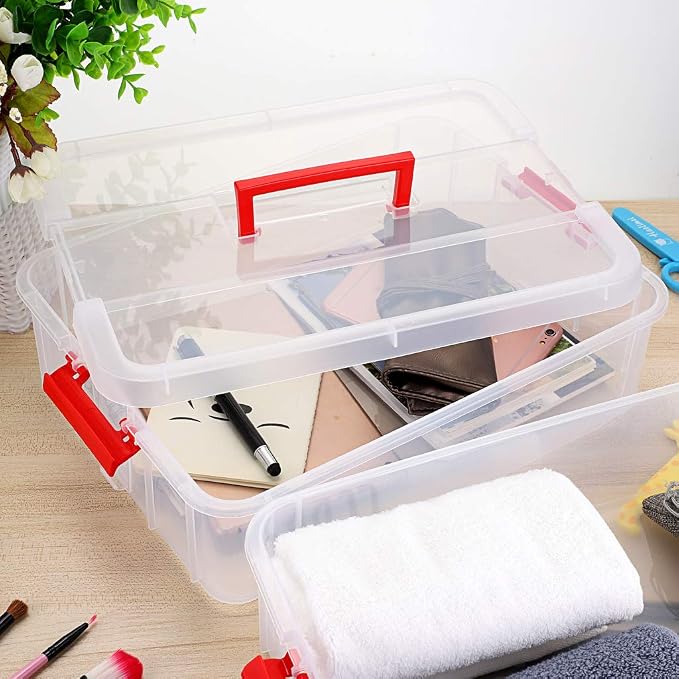 BTSKY 2 Layer Stack & Carry Box, Plastic Multipurpose Portable Storage Container Box Handled Organizer Storage Box for Organizing Stationery, Sewing, Art Craft, Jewelry and Beauty Supplies(Red) | Multipurpose Craft Organizers and Storage for Organizing...