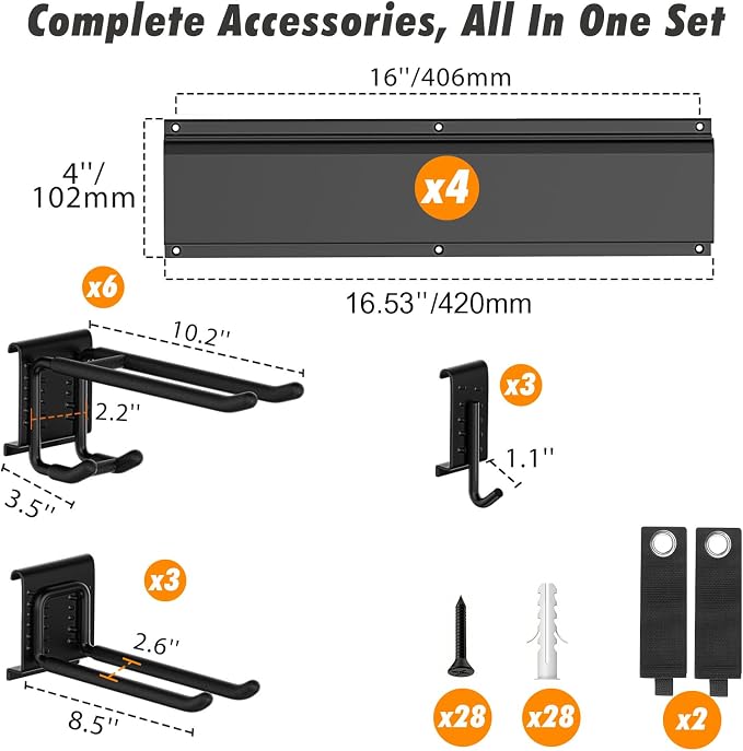 Housolution Garage Wall Organizer 64 Inch - 18Pack Carries 570 lbs | Garage Tool Organizer Storage System, 4 Rails with 12 Adjustable Hooks, Garden Tool Organizer for Warehouse, Workshop