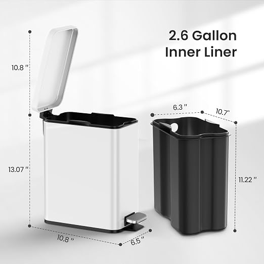 Cesun 2.6 Gallons Small Bathroom Trash Can with Lid Soft Close, White | Removable Inner Bucket, Small Stainless Steel Garbage Can for Bedroom/Office, Hands-Free Step Pedal, Fingerprint-Resistant