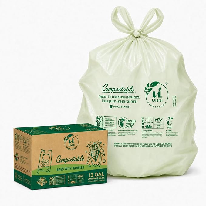 UNNI 13 Gallon Compostable Bags with Easy-Tie Handles, 49.2 Liter, 30 Count | Tall Kitchen Compost Bags with a Wide Opening for Pull-Out Bins, Certified by BPI, CMA & OK compost HOME, Meets ASTM D6400