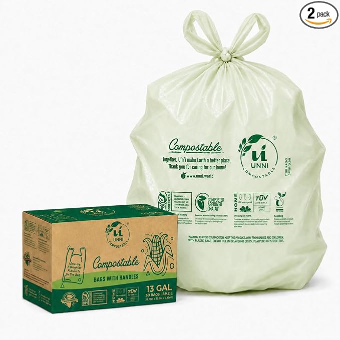 UNNI 13 Gallon Compostable Bags with Easy-Tie Handles, 49.2 Liter, 60 Count | Tall Kitchen Compost Bags with a Wide Opening for Pull-Out Bins, 2 Packs of 30, Certified by BPI, CMA & OK compost HOME