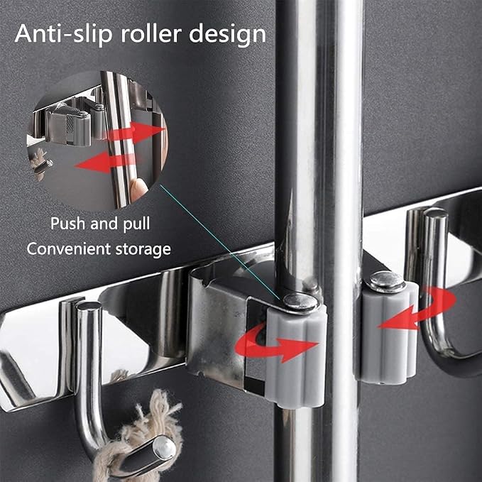 Broom Mop Holder Wall Mount Tool Hanger Organizer (4 Racks 5 Hooks) | Stainless Steel，for Home, Kitchen, Garage, Garden, Laundry Room, Bathroom Organization and Storage