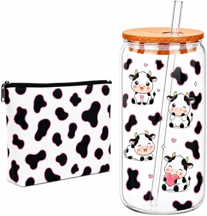 Cow Print Cup - Cow Tumbler with Lid and Straw, Cute Cow Water Bottle with Makeup Bag