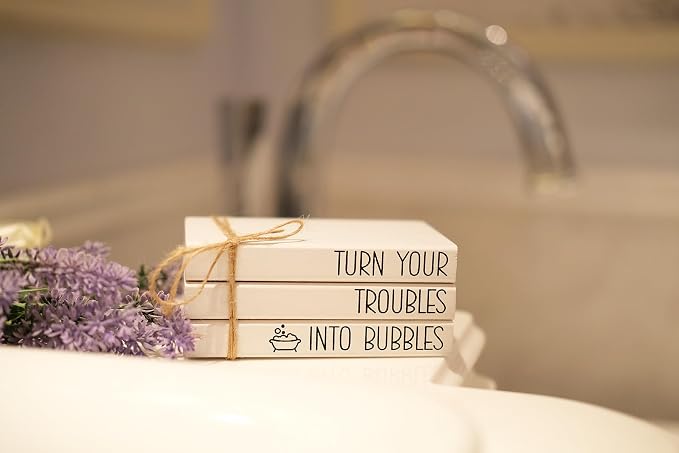 Mini Farmhouse Bathroom Decor - Funny Rustic Wooden Decorative Books Stack for Restroom Shelf Decor - Turn Your Troubles into Bubbles Sign