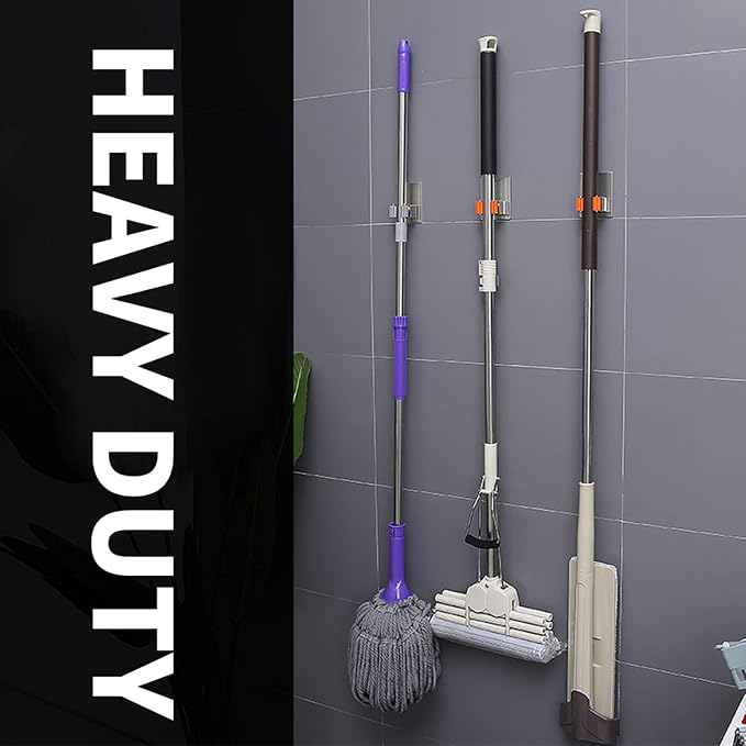 Broom Holder Wall Mount, 2 Pack Orange Stainless Steel Mop and Broom Organizer, Heavy Duty 15 Lbs Self Adhesive Tool Hanger, No Drill V-Shape Broom Hooks for Garage, Kitchen, Bathroom