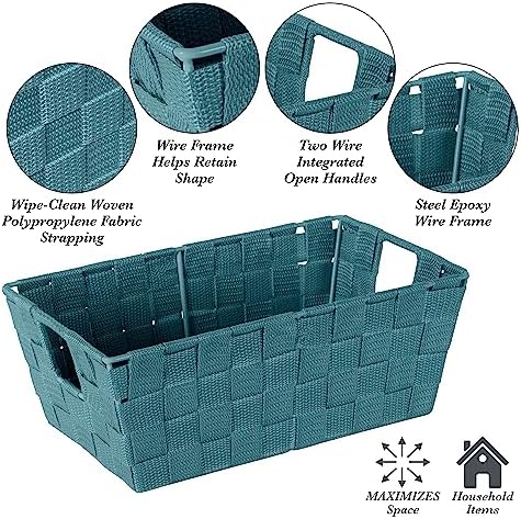Simplify Small Shelf Woven Strap Tote | Decorative Storage Basket | Built in Handles | Organization | Closet | Bedroom | Bathroom | Nursery | Accessories | Toys | Gifts | 1 Pack | Sapphire