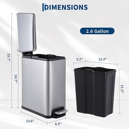2 Slim Narrow Kitchen Trash Can with Lid, 10L+45L Stainless Steel Step Pedal Garbage Can, Soft Close & Stay Open Lid Design, Space Saving Trash Bin with Removable Inner Bucket for Kitchen, Bathroom